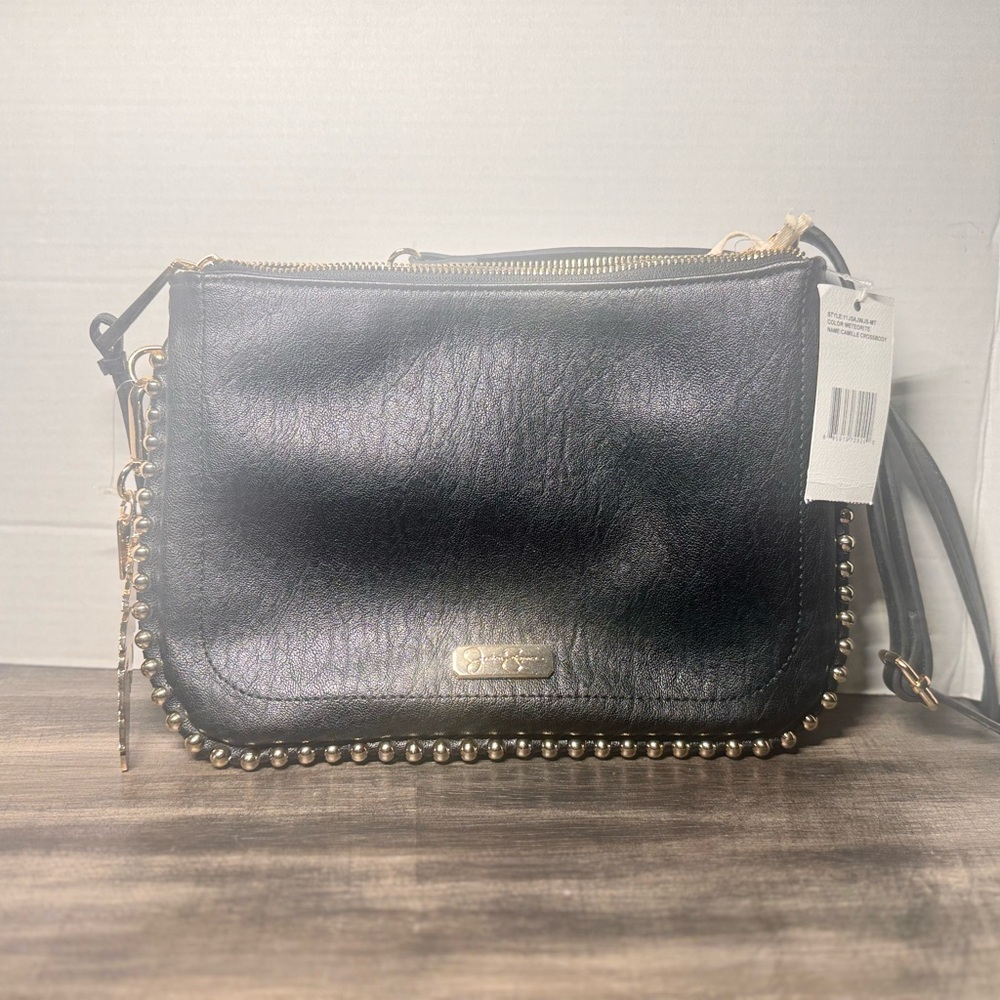 Black Leather Crossbody Bag with Gold Accents